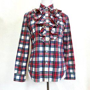 Ralph Lauren Plaid Ruffle Button Up Shirt Top Blouse Holiday Christmas Preppy